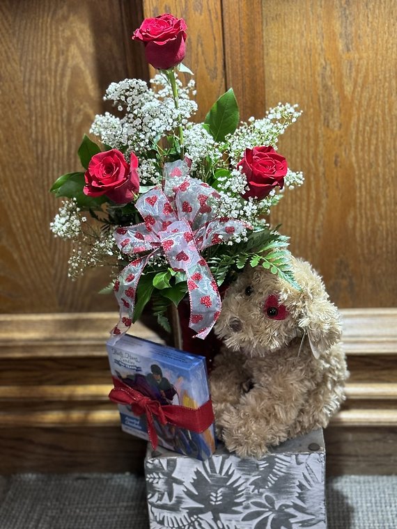 3 Red Roses With Puppy and Chocolate